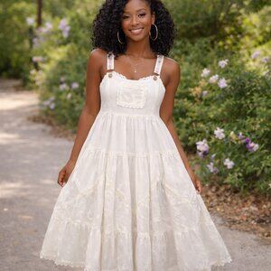 Ebossy Cream Bib Lace Chest Pocket Embroidered Floral Midi Dress Cottagecore XS